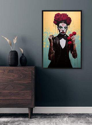 Framed artwork "A Rose For You - Tara Green" featuring a figure with roses and face paint, displayed on a wall.