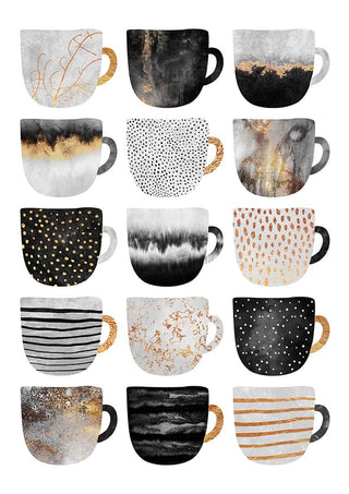 Fifteen coffee cups with unique, artistic black, white, and gold patterns arranged in a grid.