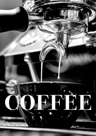 Espresso pours from a coffee machine into a cup, with the word "COFFEE" boldly overlaid.