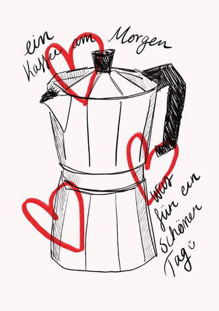 Illustration of a moka pot with red hearts and handwritten text promoting Kaffee am Morgen.