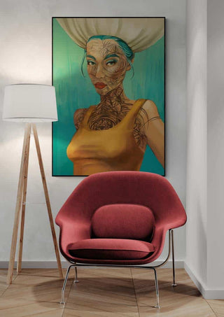 Poster of "Sex me Up" by Martina Karlsson displayed above a red chair and beside a floor lamp in a modern room.