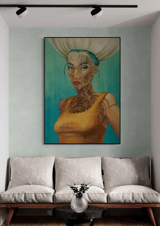 Colorful portrait of a tattooed woman in a yellow top, wall art above a modern sofa from Sex me Up by Martina Karlsson.