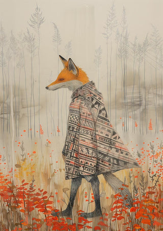Illustration of a fox wearing a patterned poncho, walking through a field with red flowers and tall grass.
