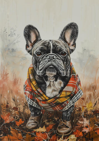 French Bulldog wearing a stylish plaid poncho and boots, standing outdoors among autumn leaves.