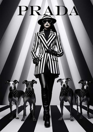 Model in a black and white striped suit with four dogs, promoting Stripes by Prada on a bold striped background.