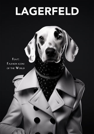 A Dalmatian in a white trench coat and scarf poses stylishly under the title "Lagerfeld Dog" on a black background.