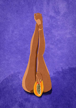 Illustration of a person’s legs with a hand holding a papaya, set against a purple background.