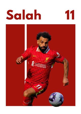 Poster of Salah in Liverpool kit with number 11, running with a football on a red and white background.