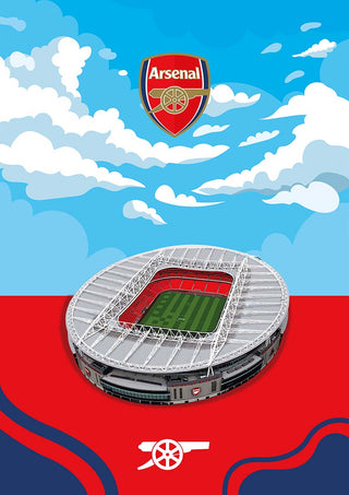 Illustration of Emirates Stadium under a sky with clouds, Arsenal logo above, and cannon emblem below.