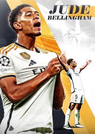 Jude Bellingham football poster featuring him celebrating in a Real Madrid jersey with dynamic graphic elements.