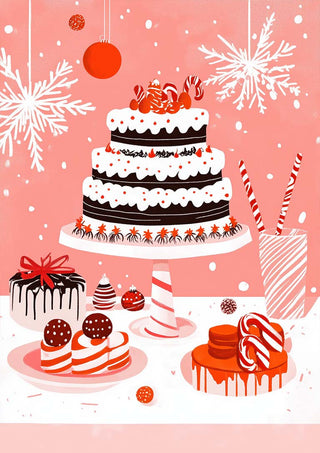 Christmas-themed cake with festive decorations, surrounded by holiday desserts and ornaments on a pink background.
