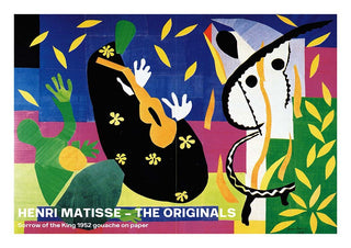 Colorful abstract collage with bold shapes and figures from Sorrow of The King 1952 by Henri Matisse.