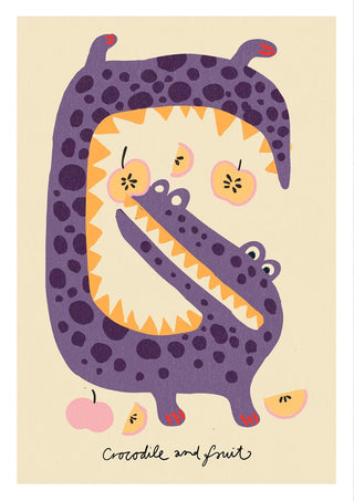 Illustration of a purple crocodile eating fruit, from the "Krokodille - Nina Broen" product page.