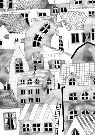 Black and white illustration of whimsical city buildings from Compact City by Hedwig Wallin.