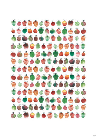 Patterned print of colorful apples in rows, Massa Applen design by Hedwig Wallin on a white background.