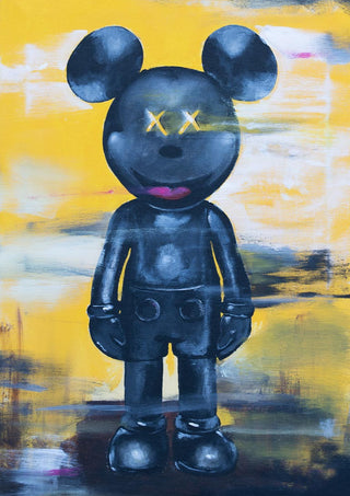 Artwork of a black cartoon figure with mouse ears and yellow X eyes, set against a yellow abstract background.