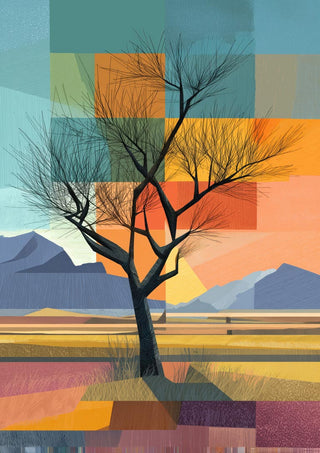 Abstract art of a lone tree in a colorful landscape, featured on the Lonely Life - Tara Green product page.