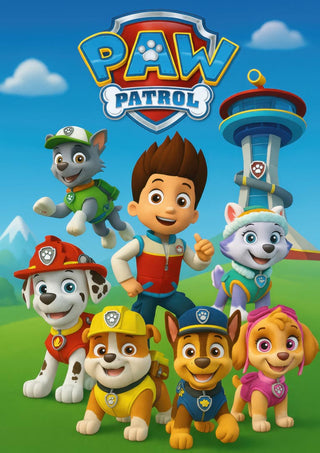 Colorful Paw Patrol children’s poster featuring main characters and lookout tower on a bright outdoor background.