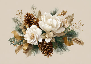 Christmas flower arrangement with white blooms, pinecones, gold ribbon, green pine needles, and festive foliage.