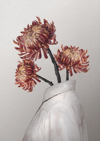 Painting of three red and yellow chrysanthemums emerging from a white shirt, artwork by Gabriella Roberg.