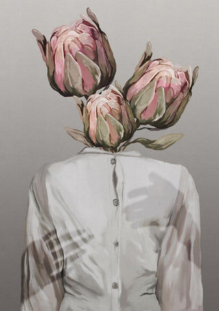 Surreal art of a buttoned shirt with three pink protea flowers instead of a head, Unknown Longing No.I by Gabriella Roberg.