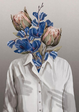 A figure in a white shirt with their head replaced by blue and pink flowers; Unknown Longing No.II by Gabriella Roberg.
