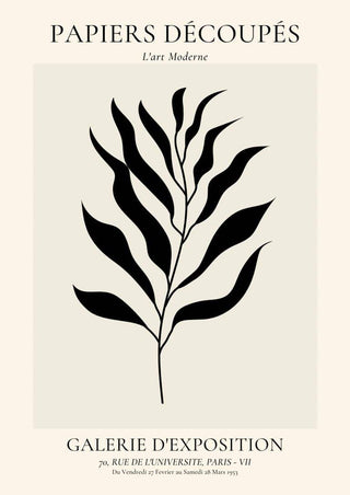 Minimalist black leaf illustration on cream background with French art-inspired text, perfect for modern wall decor.