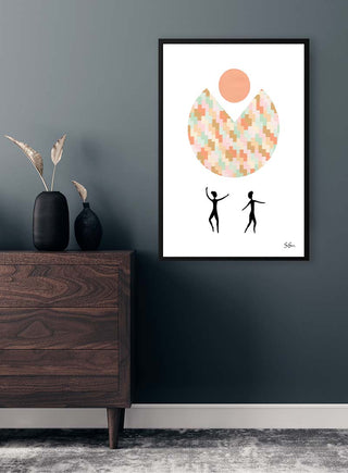 Framed "Sara Sonne - Open" artwork above a wooden dresser in a modern room with dark walls and decor.