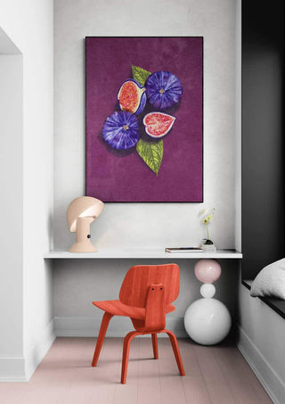 Figs Still Life by Raissa Oltmanns art print hanging above a modern desk with a red chair and decor.