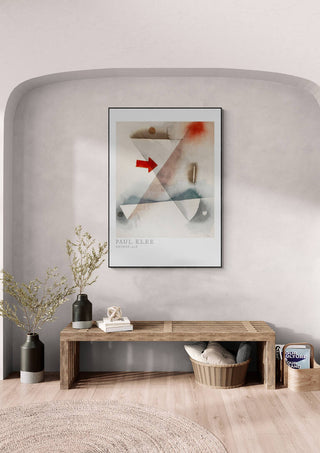 Framed print of Paul Klee's "Chimes 1928" displayed above a wooden bench in a modern interior setting.