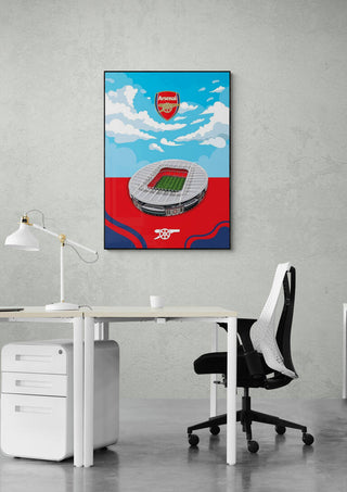 Emirates Stadium Arsenal Football Poster hanging on a modern office wall above a white desk and chair.
