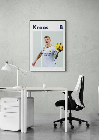Toni Kroos Real Madrid football poster featuring Kroos in jersey number 8, displayed above a modern desk setup.