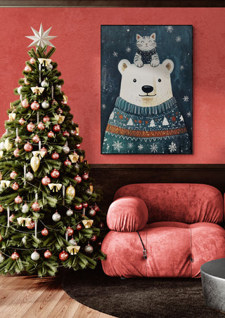 Cozy living room with a Christmas tree and a Polar Bear Wonderland artwork featuring a bear in a festive sweater.
