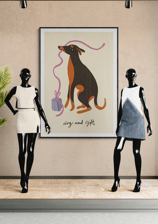 Framed "Cute Dog" art print by Nina Broen featuring a dog with a gift, displayed on a modern wall.