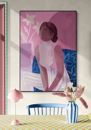 Art print of a woman in pastel tones with flowers, featured on the Daydreaming - Goed Blauw product page.