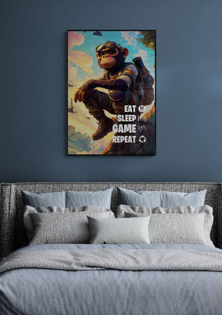 Poster of a gaming monkey with the text "Eat Sleep Game Repeat" hanging above a bed in a modern bedroom.