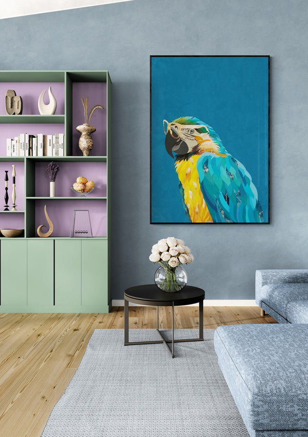 Vibrant macaw wearing glasses - Sarah Manovski