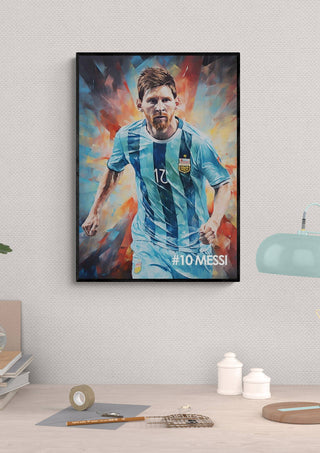 Football poster of Messi in Argentina jersey with "#10 MESSI" text, displayed on a modern room wall.