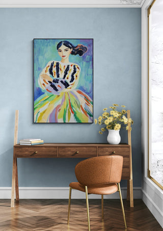 All Colors Baby by David Wolf art print displayed above a wooden desk in a stylish, modern room.