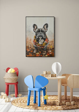 Wall art of a French Bulldog wearing a colorful poncho, displayed in a stylish kids’ playroom setting.