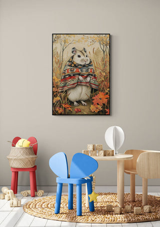 Framed Little Mouse artwork hangs above a cozy children's play area with colorful furniture and toys.