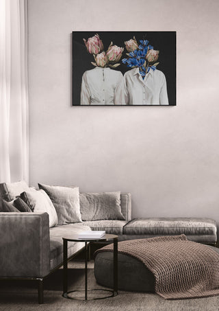 Unknown Longing No.III by Gabriella Roberg displayed above a modern gray sofa in a minimalist living room.