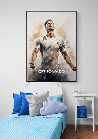 CR7 Ronaldo Football Poster above a modern bed with blue and white decor in a stylish bedroom setting.