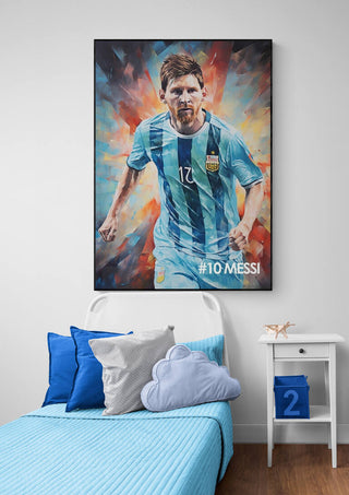 #10 Messi Football Poster featuring Messi in Argentina kit, displayed above a bed with blue-themed bedding.