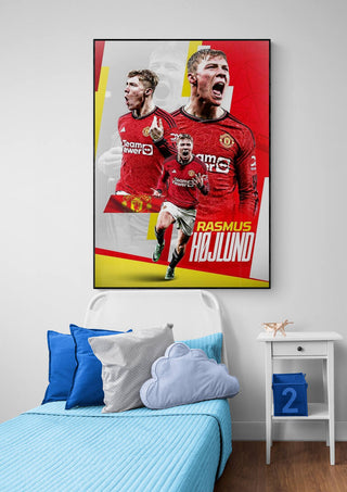 Rasmus Højlund football poster featuring dynamic action shots, displayed above a neatly made bed.