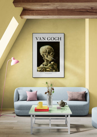 Framed Crane De Squelette - Van Gogh artwork hanging above a modern sofa in a stylish living room.