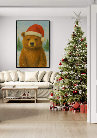 Festive living room with a Christmas tree and a framed picture of a bear wearing a Santa hat on the wall.