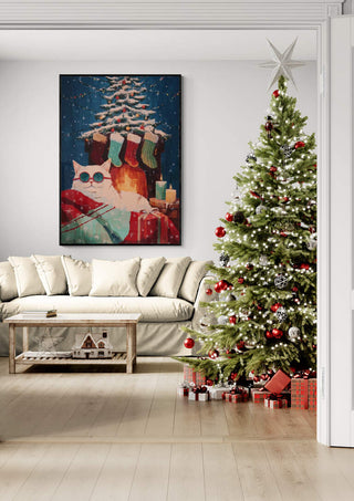 Cozy living room with a Christmas tree and a large white cat with socks artwork on the wall.
