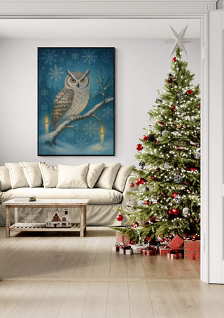 Festive living room with a Christmas tree and gifts, featuring a snowy owl artwork on the wall.