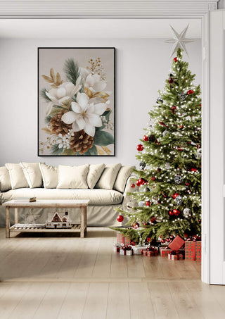 Christmas Flower Decoration 02 floral artwork displayed above a beige sofa near a decorated Christmas tree and gifts.